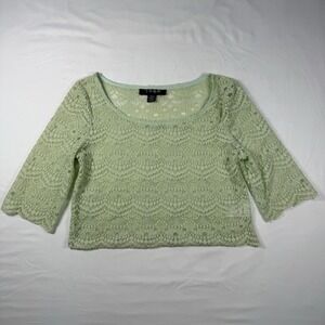 Tela Lace Green Top XS 3/4 Sleeve Cropped Elegant Sheer Layering‎ Blouse